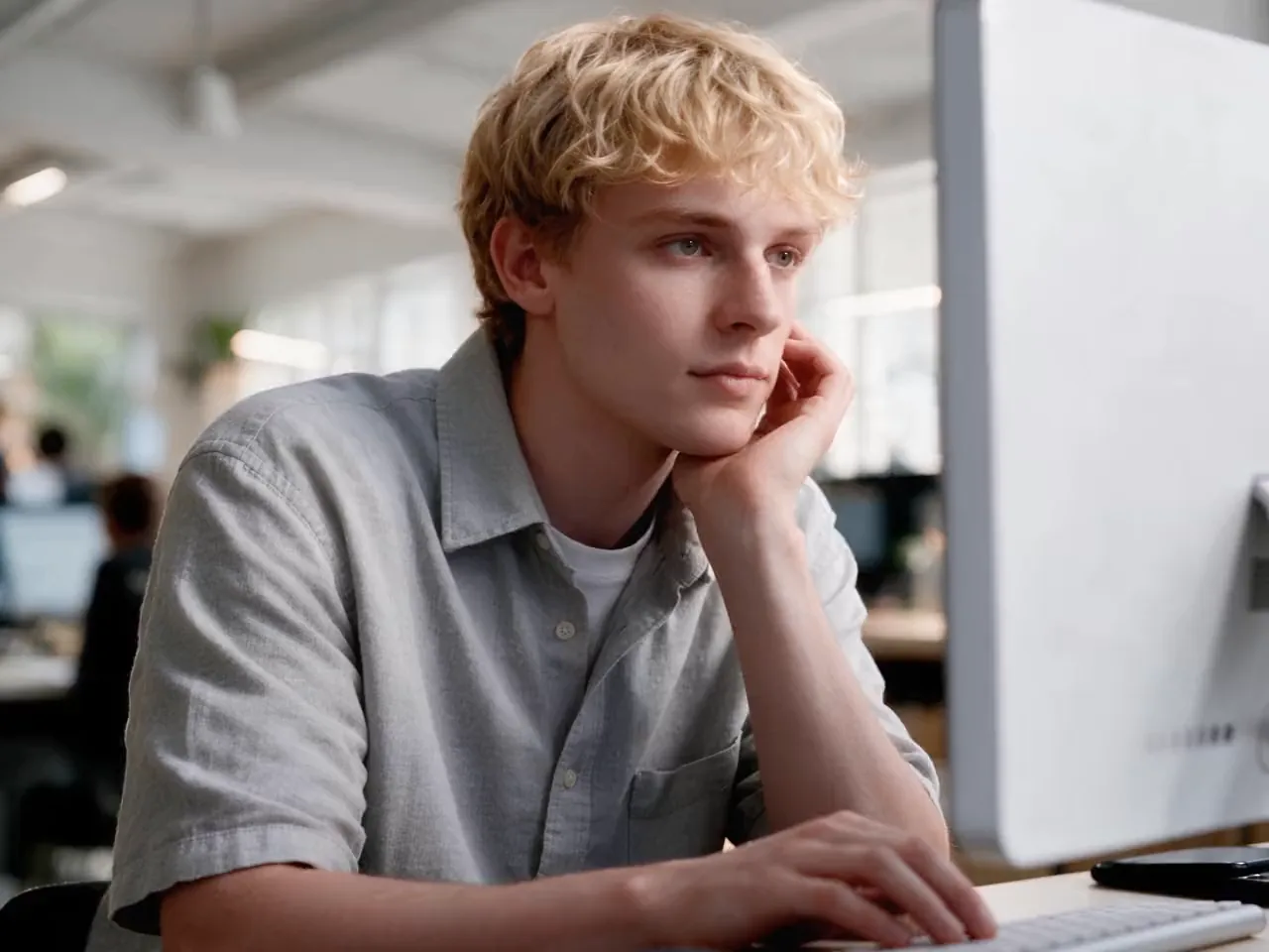 A young engineer working at a monitor in a bright open-plan office.