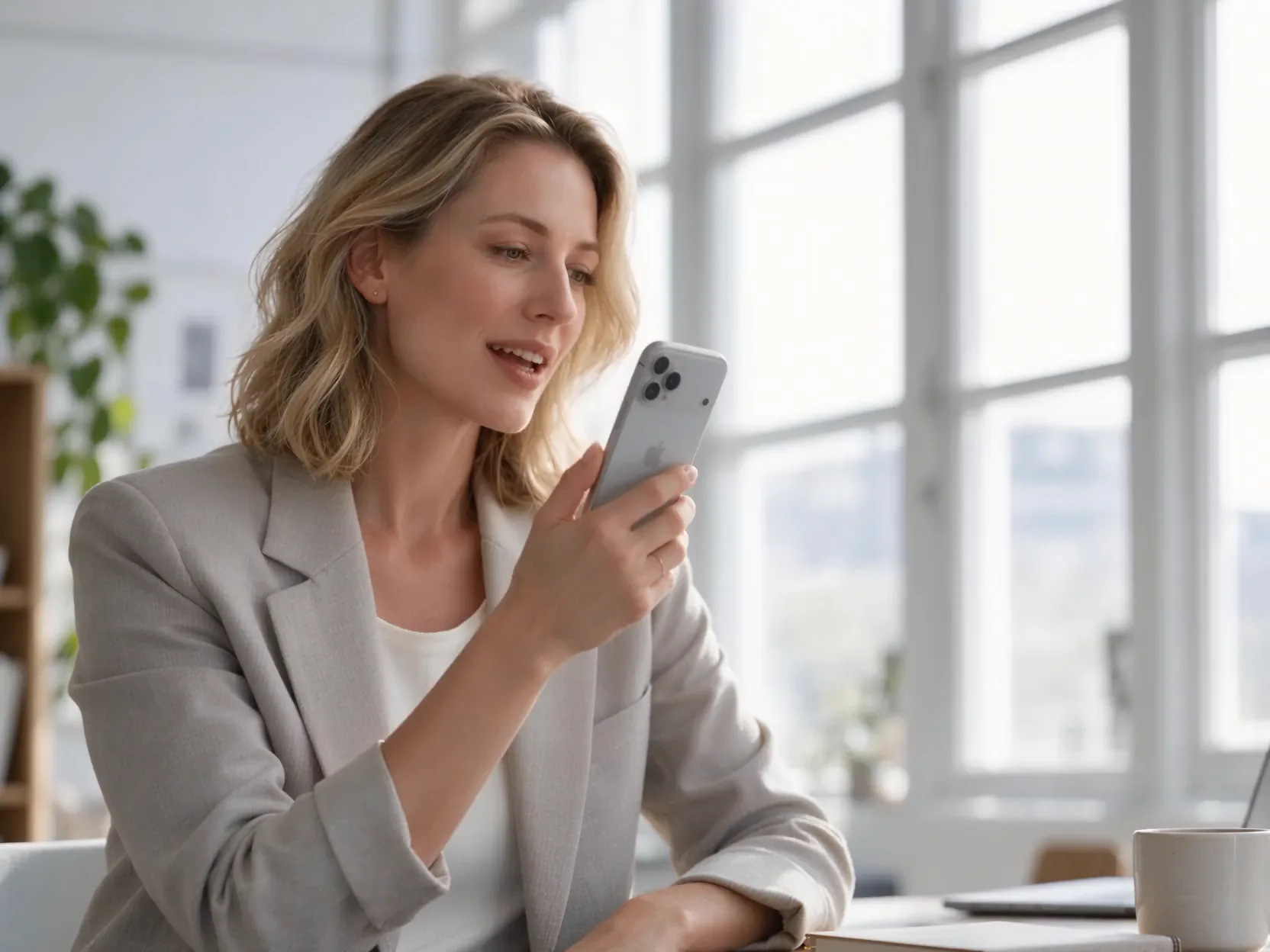 A generalist in a light blazer speaking to the WeMachines voice assistant on her phone at a sunlit desk.